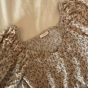 Smocked Midi Dress in Cream Floral with Puff Sleeves